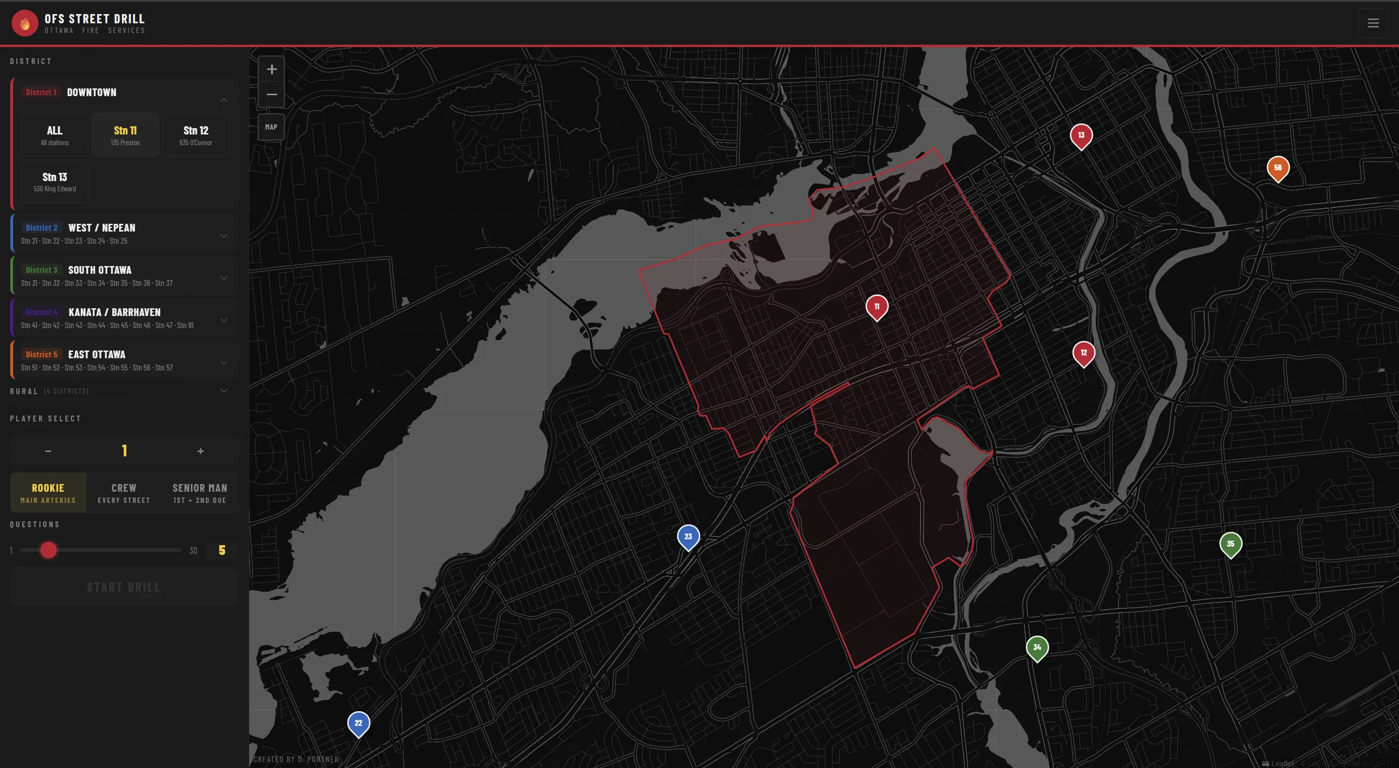 Street Drill — District 1 selected with station picker and map